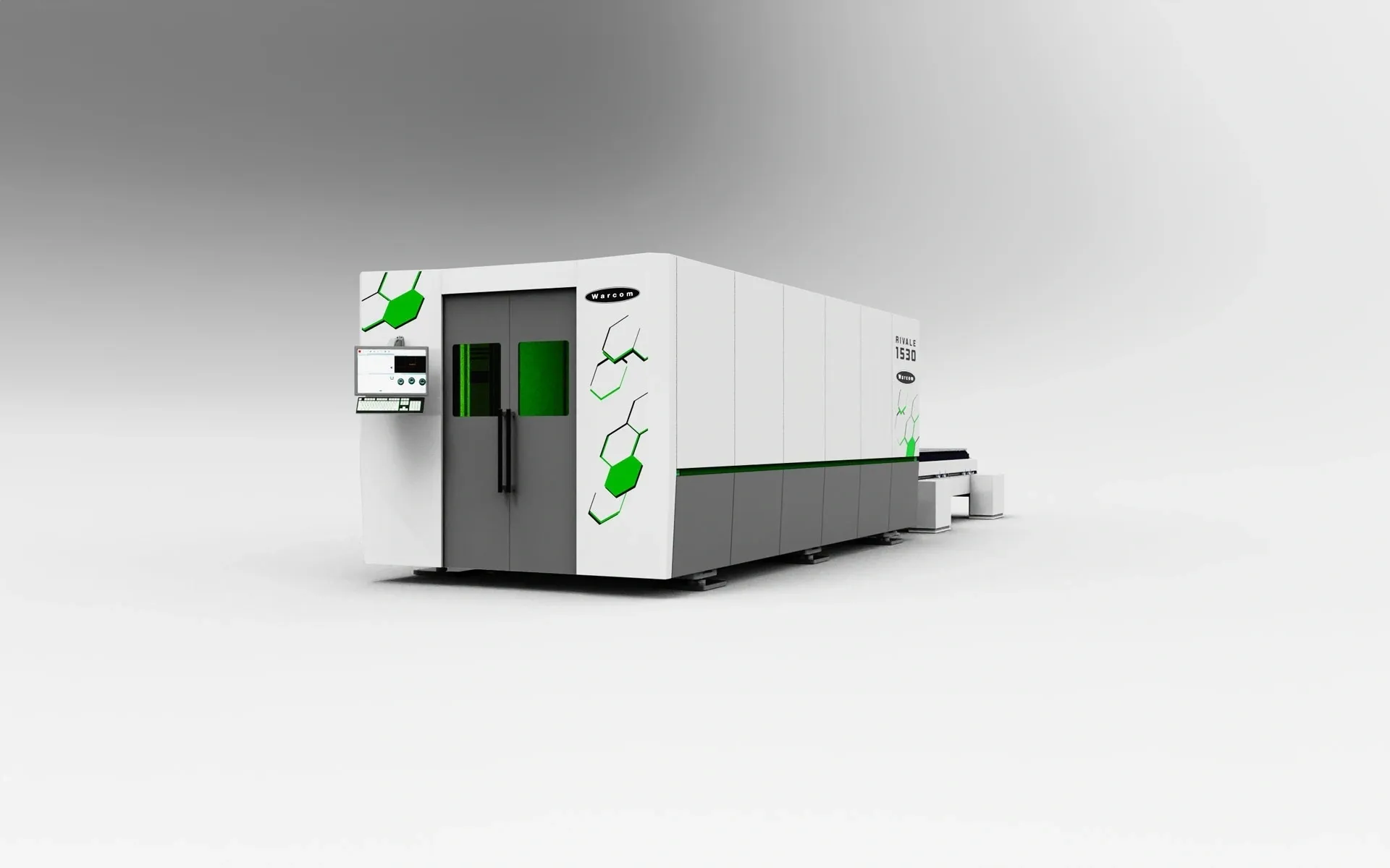 White industrial laser cutting machine with green accents